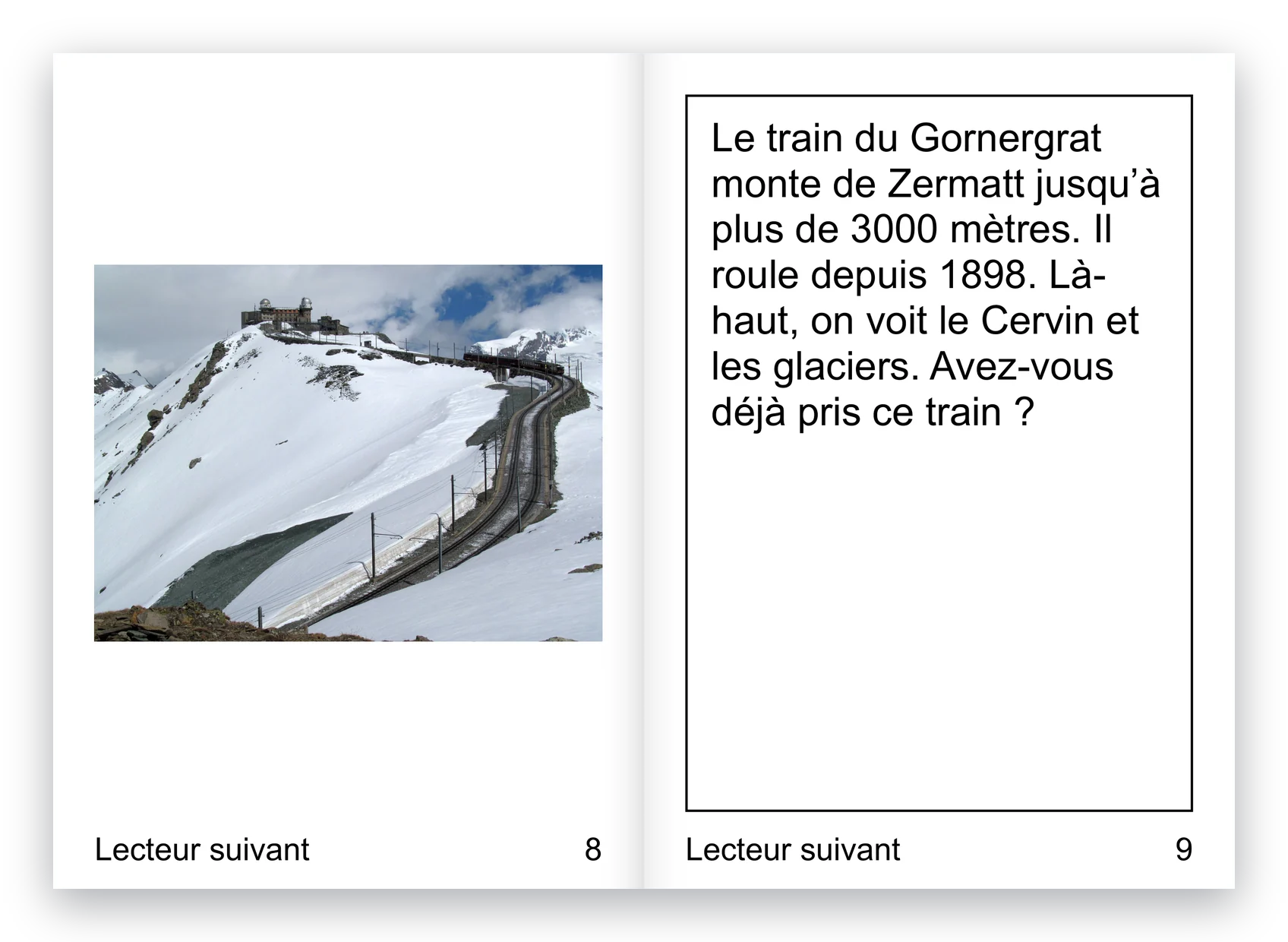 Une double page imprimée du livre « Le Cervin » : une photo du train du Gornergrat sur la page de gauche, son texte en gros caractères sur la page de droite.