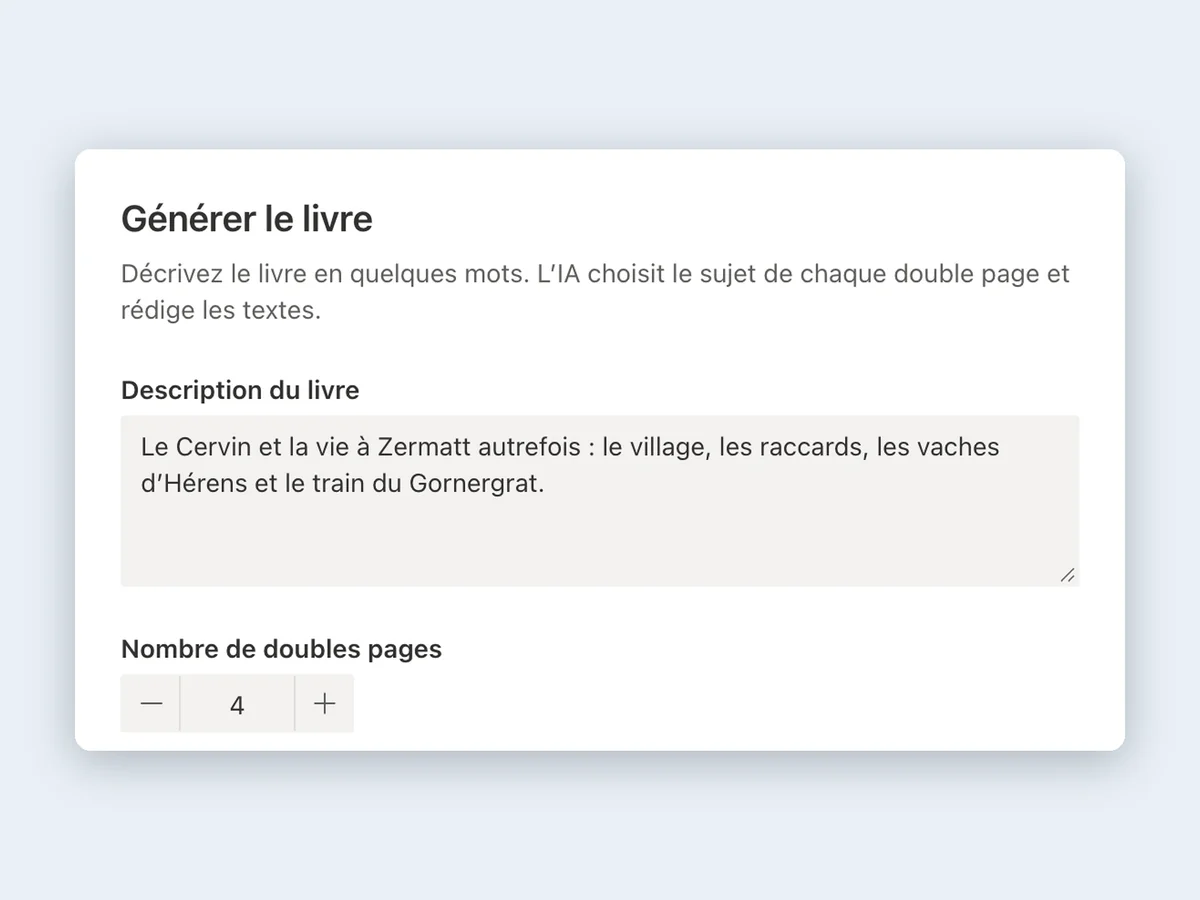La fenêtre « Générer le livre » : la description d’un livre sur le Cervin et le nombre de doubles pages.