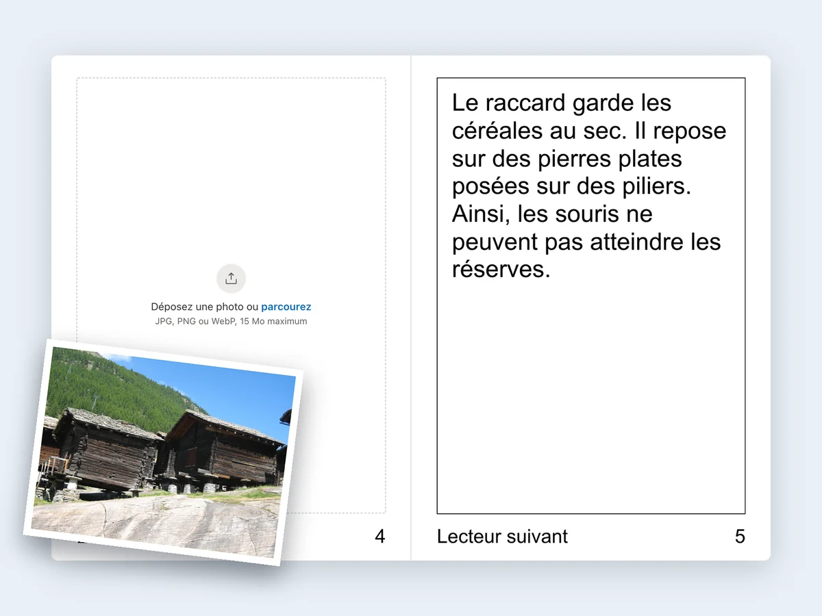 Une double page dans l’éditeur : le texte est déjà écrit sur la page de droite, et une photo de raccards est déposée sur la page de gauche.